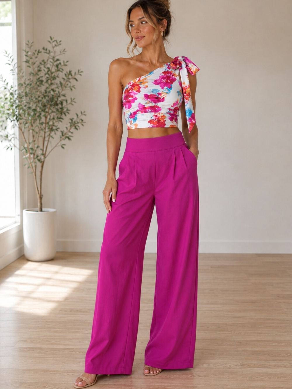 SHEIN Fuchsia Wide Leg High-Waist Pants